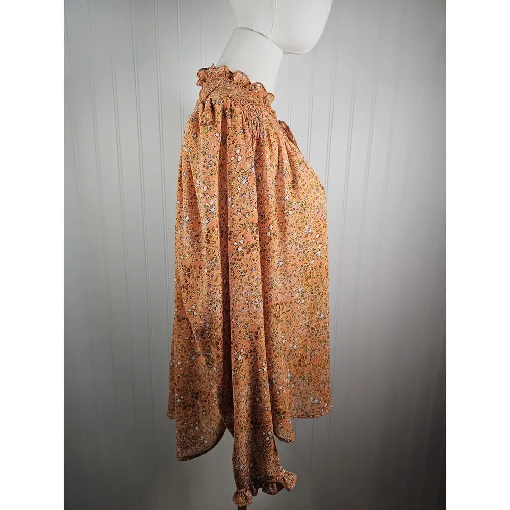 Free People Lela Smocked Ruffle Floral Blouse M Coral Boho Hippie Lightweight